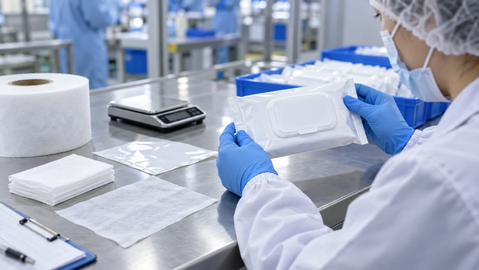 Technician inspecting a wet wipes package